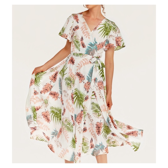 MBM Unlimited Dresses & Skirts - White Leaves Tropical Print Wrap Maxi Dress